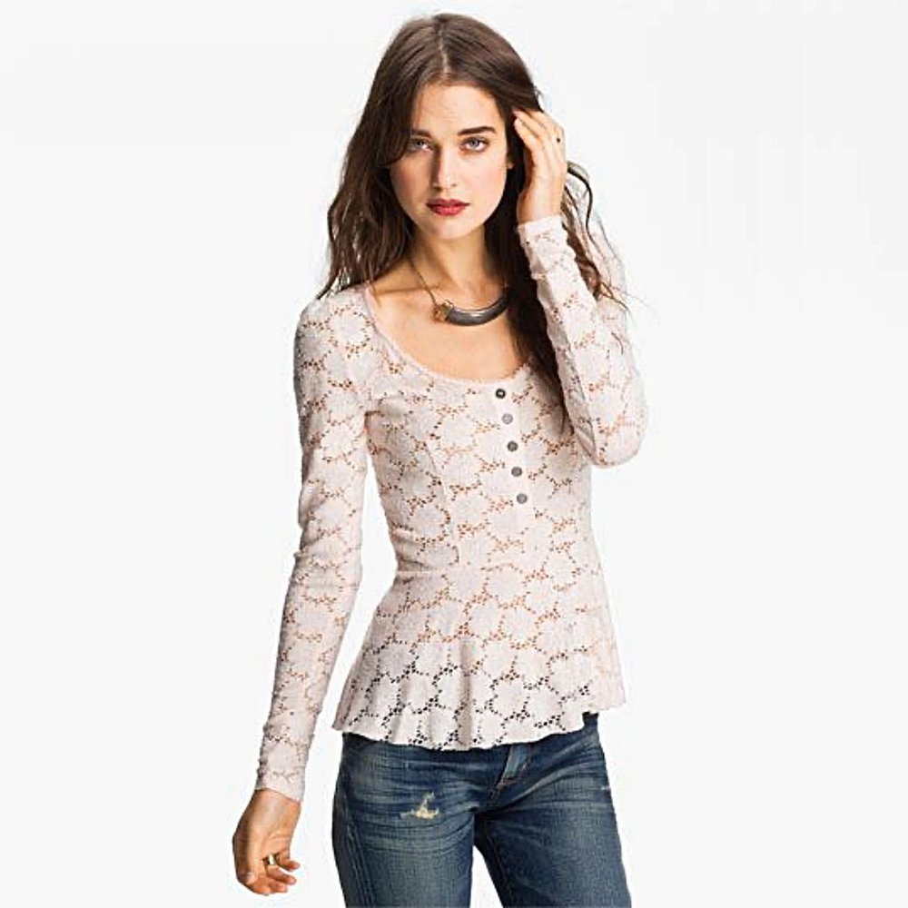 Free People Eyelet Lace Peplum Henley Top in Blush